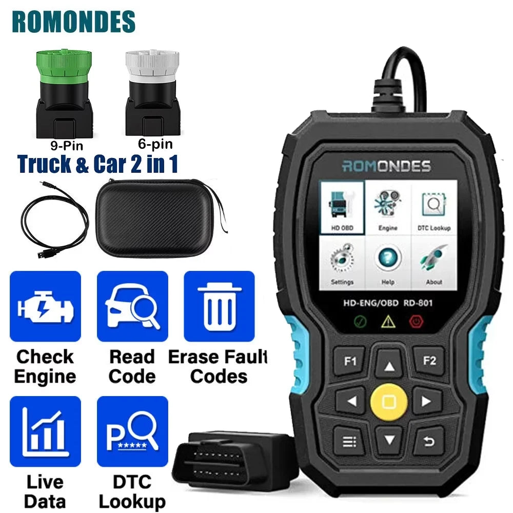 Romondes RD801 Heavy Duty Truck Diagnostic OBD2 Scanner Code Reader Tools Diesel Truck Scanner DPF Oil Reset