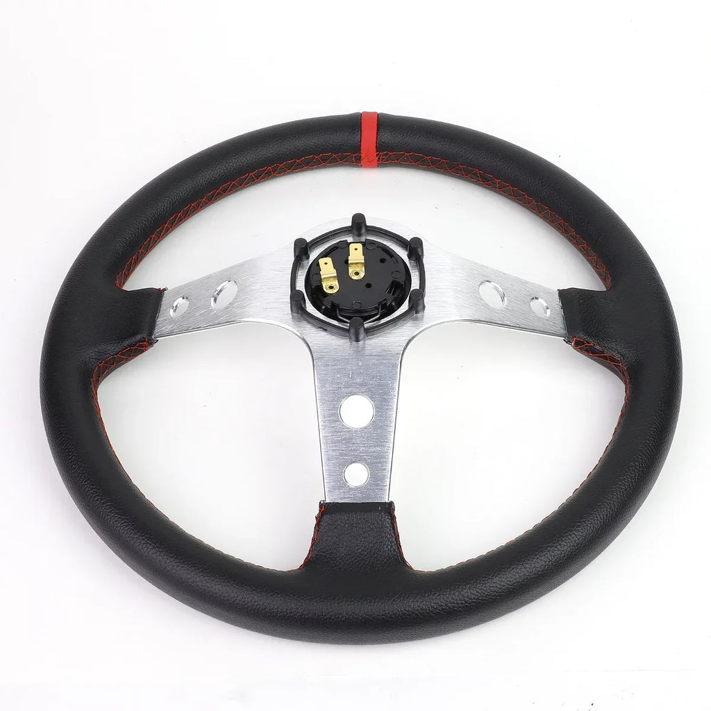 Stylish DNA Motoring SW-T520-SL-RD 350mm Silver 6-Bolt Spoke Red Stitched PVC Leather Racing Steering Wheel