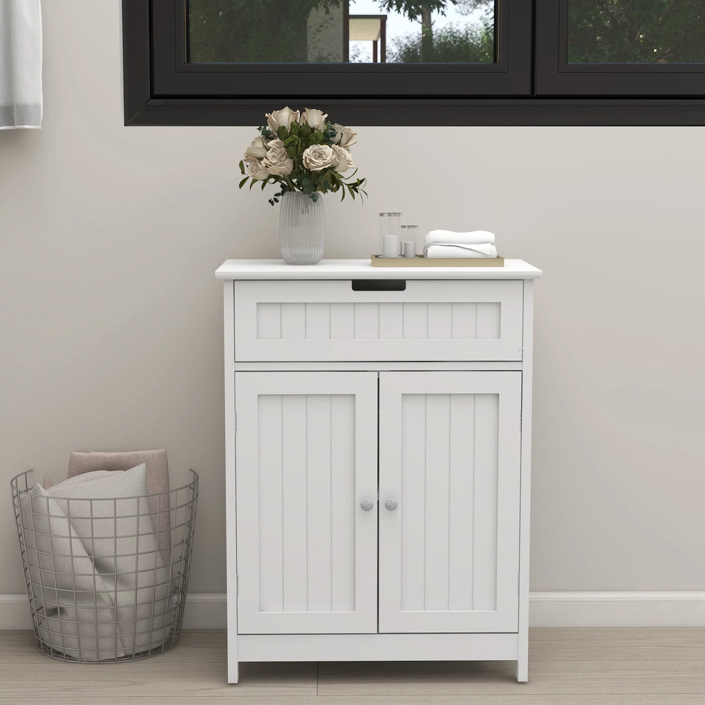 Stylish Versatile Bathroom Floor Cabinet in White Freestanding Wood Storage Organizer 2 Doors, 1 Drawer Adjustable Shelf Elegant Design for Bathroom and Living Room.