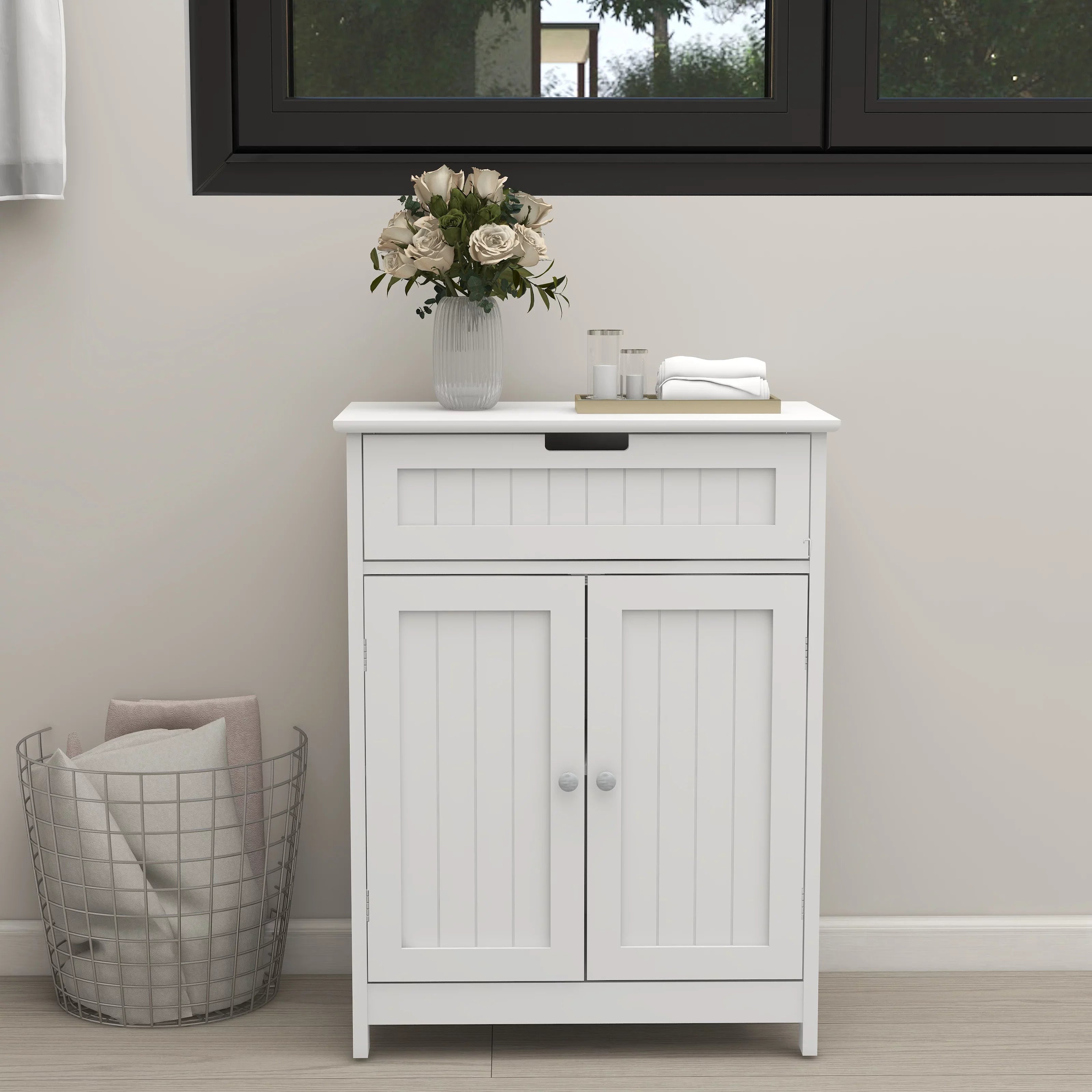 Stylish Versatile Bathroom Floor Cabinet in White Freestanding Wood Storage Organizer 2 Doors, 1 Drawer Adjustable Shelf Elegant Design for Bathroom and Living Room.
