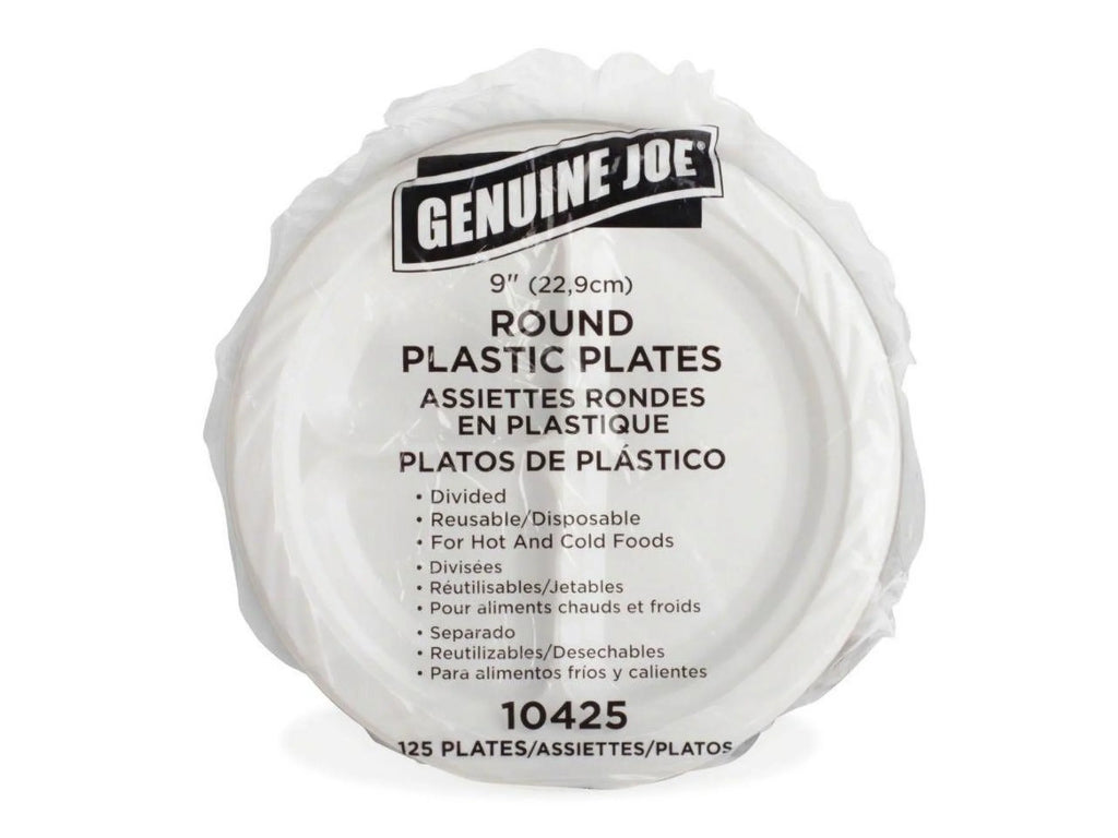 Genuine Joe 3-section Round Plastic Plates, 9", 125 Pack, GJO10425 - Exclusive Design