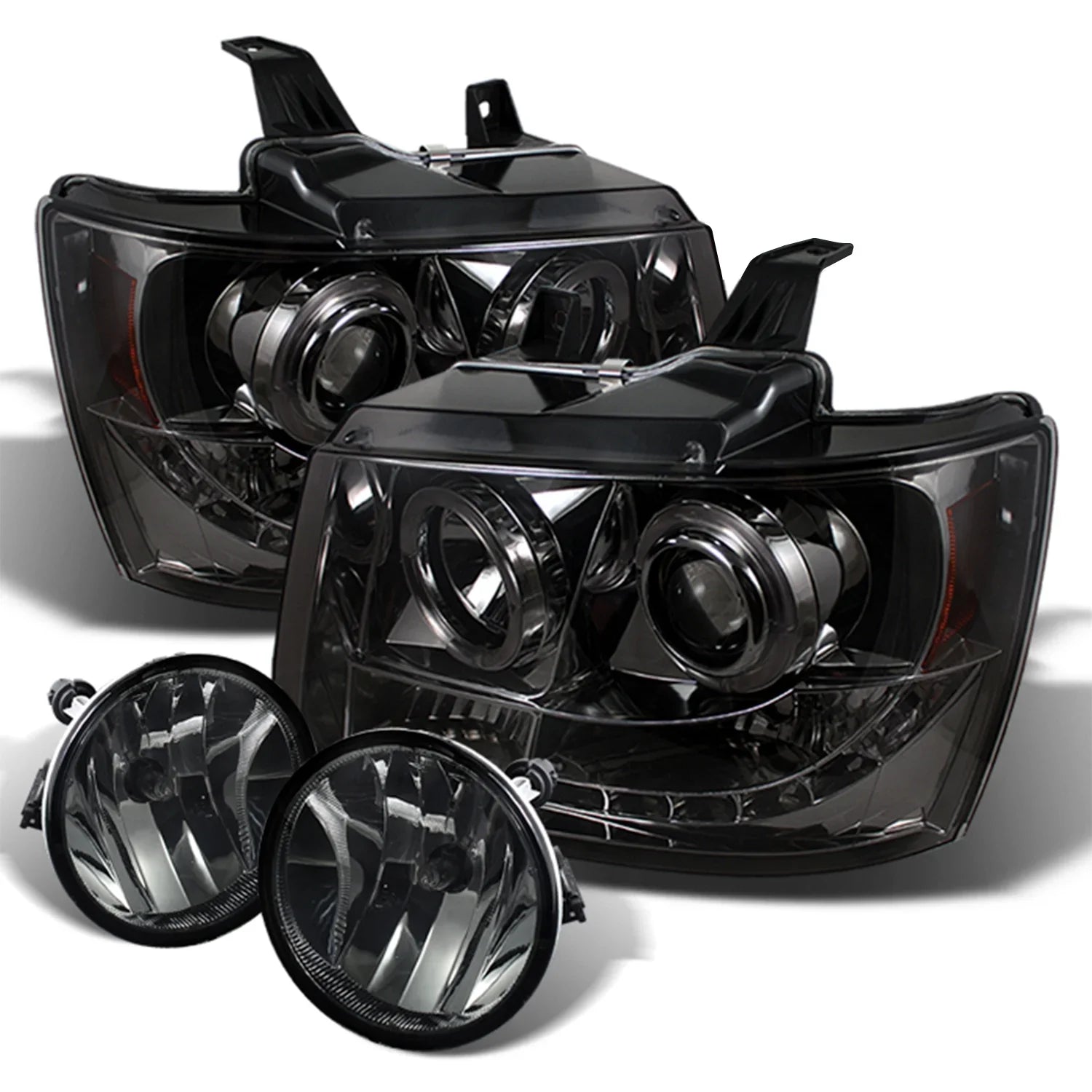 AKKON - [Smoke Lens] Fits 2007-2011 Tahoe Avalanche Suburban LED Dual Halo Projector Headlights + Fog Lamps Set