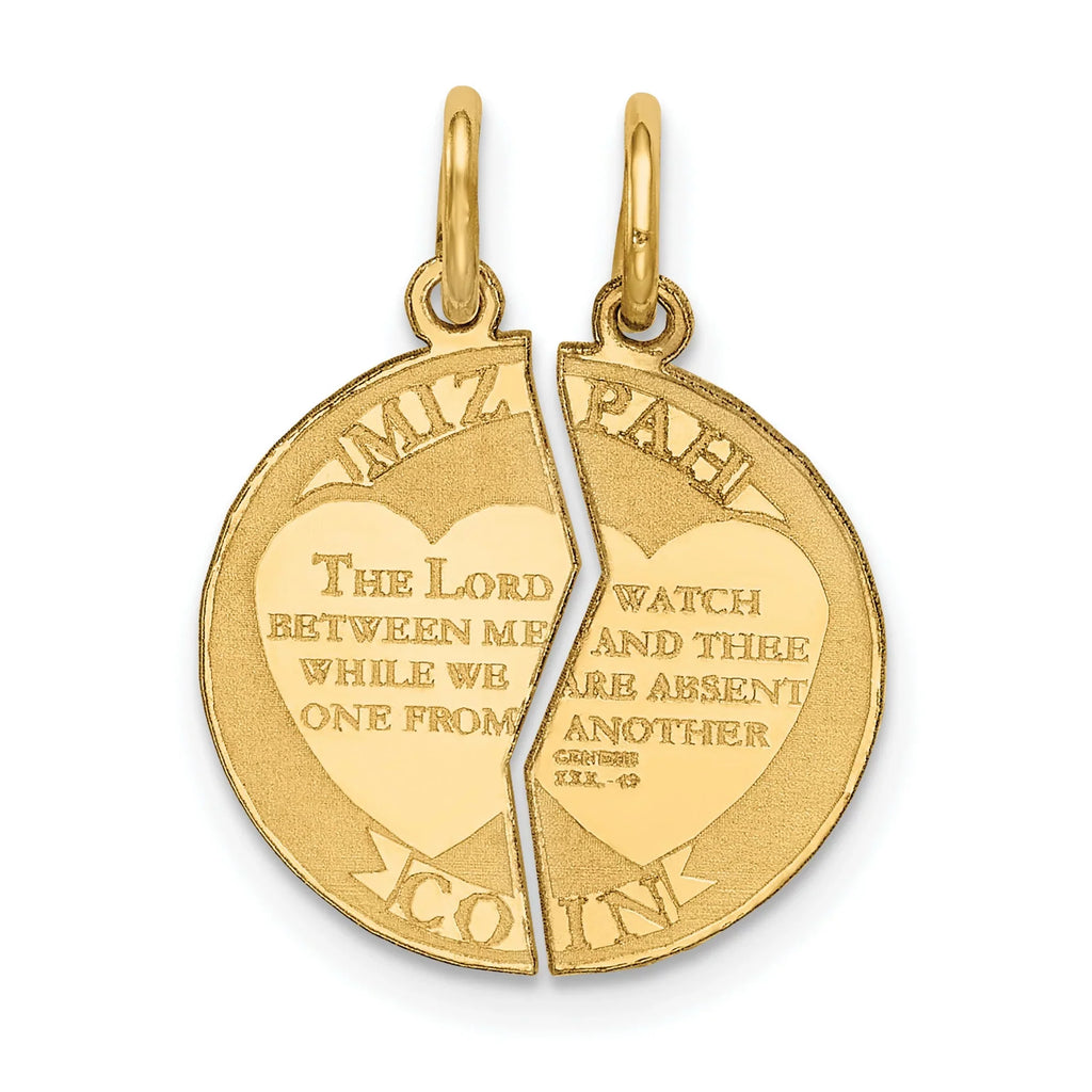 14k Yellow Gold 2-Piece Break Apart Mizpah Coin Emotional Bond Words Genesis 31:49 on Round Pendant 22 mm x 17 mm - Exclusive Design