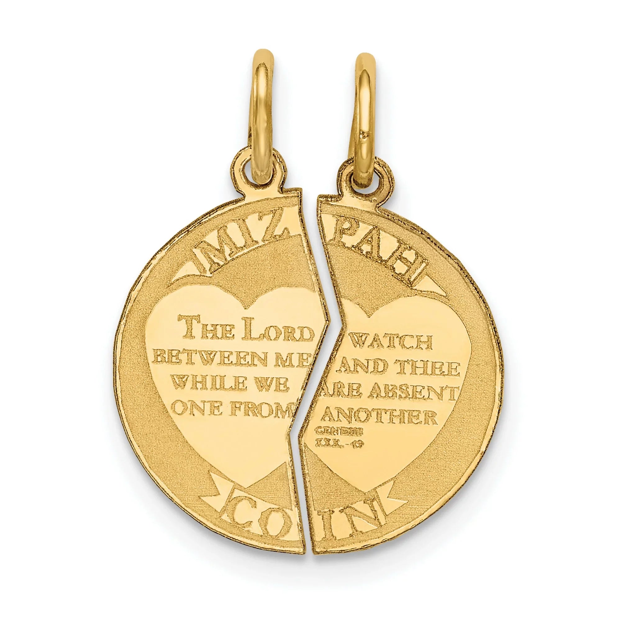 14k Yellow Gold 2-Piece Break Apart Mizpah Coin Emotional Bond Words Genesis 31:49 on Round Pendant 22 mm x 17 mm - Exclusive Design