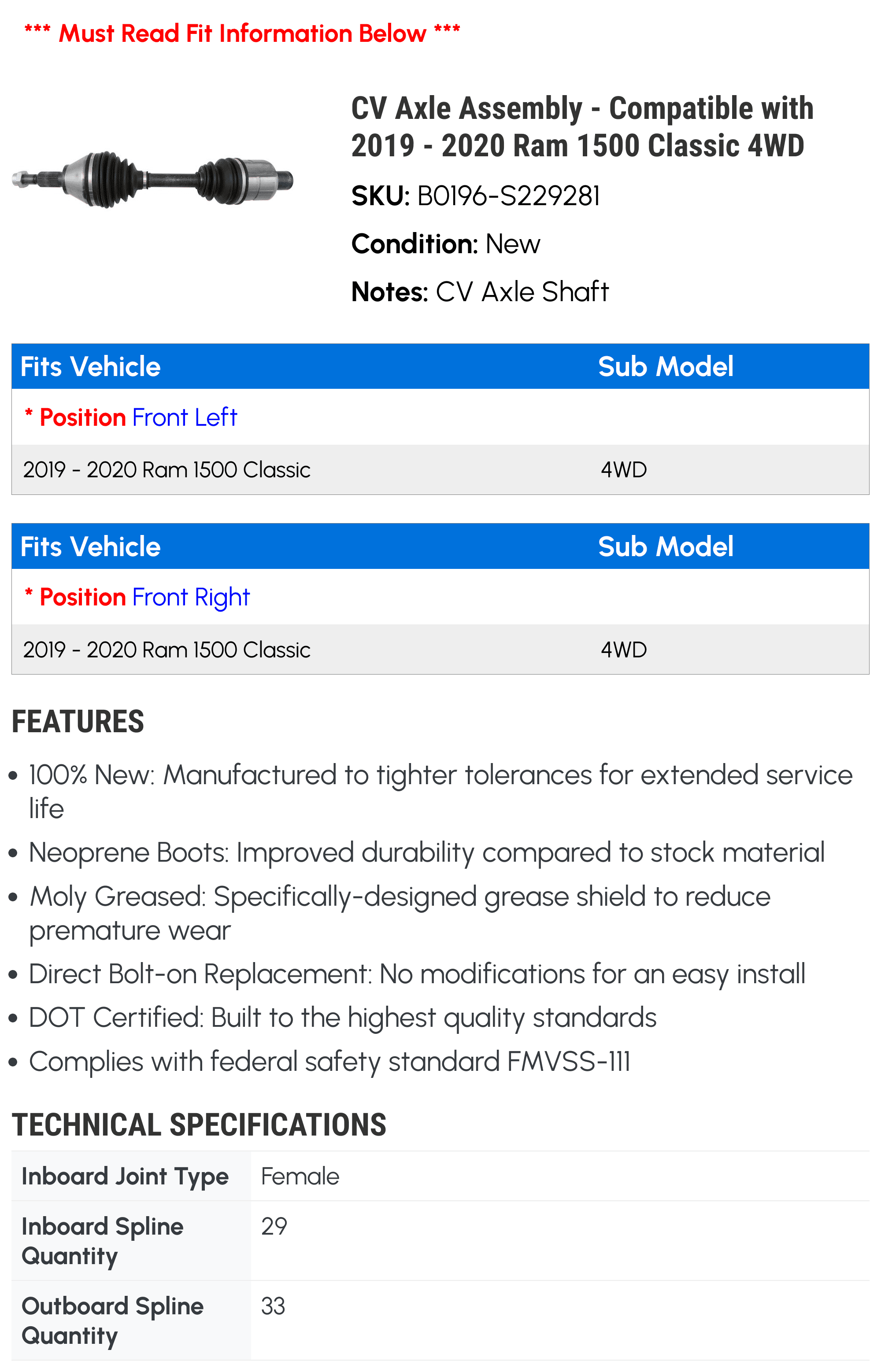 Stylish CV Axle Assembly - Compatible with 2019 - 2020 Ram 1500 Classic 4WD