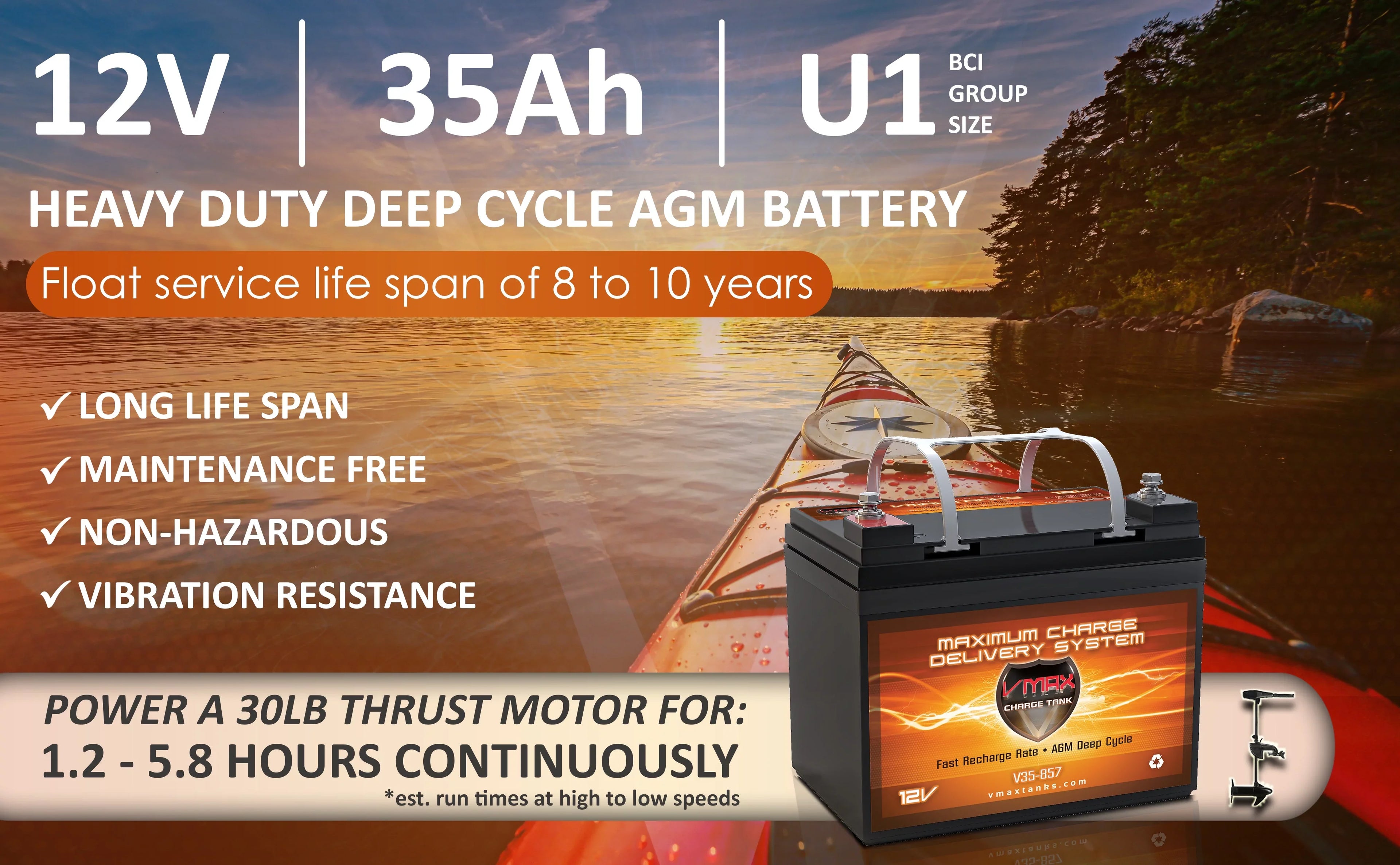 Stylish Vmax V35-857 12 Volt 35AH AGM U1 Battery for Minn Kota Traxxis 45lb Trolling Motor Boat Vehicle