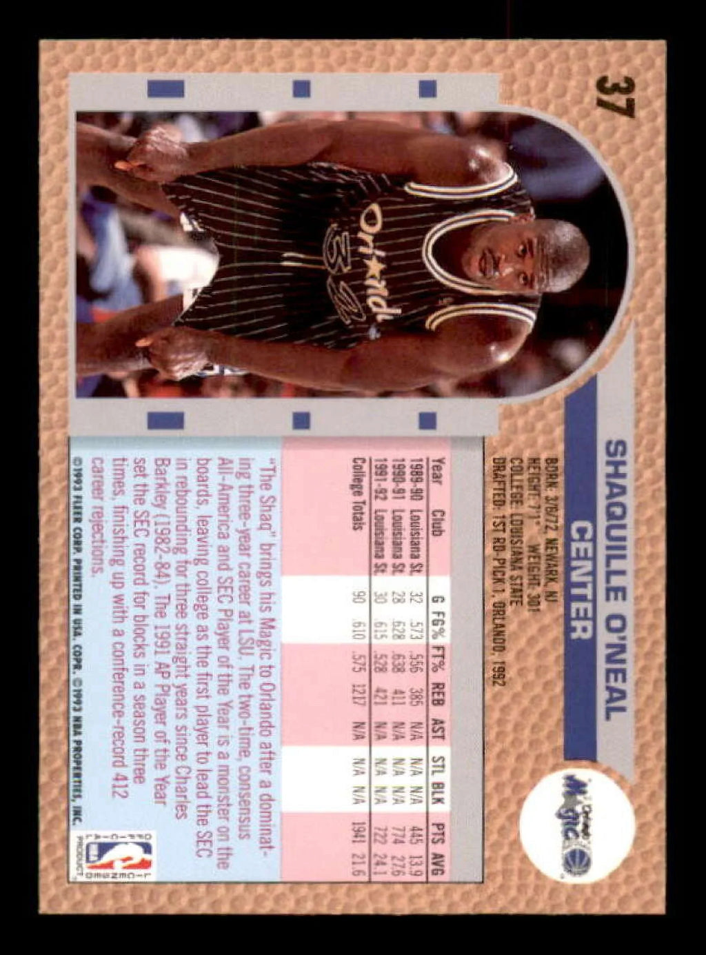 Shaquille O'Neal Rookie Card 1992-93 Fleer Drake's #37 - Exclusive Design
