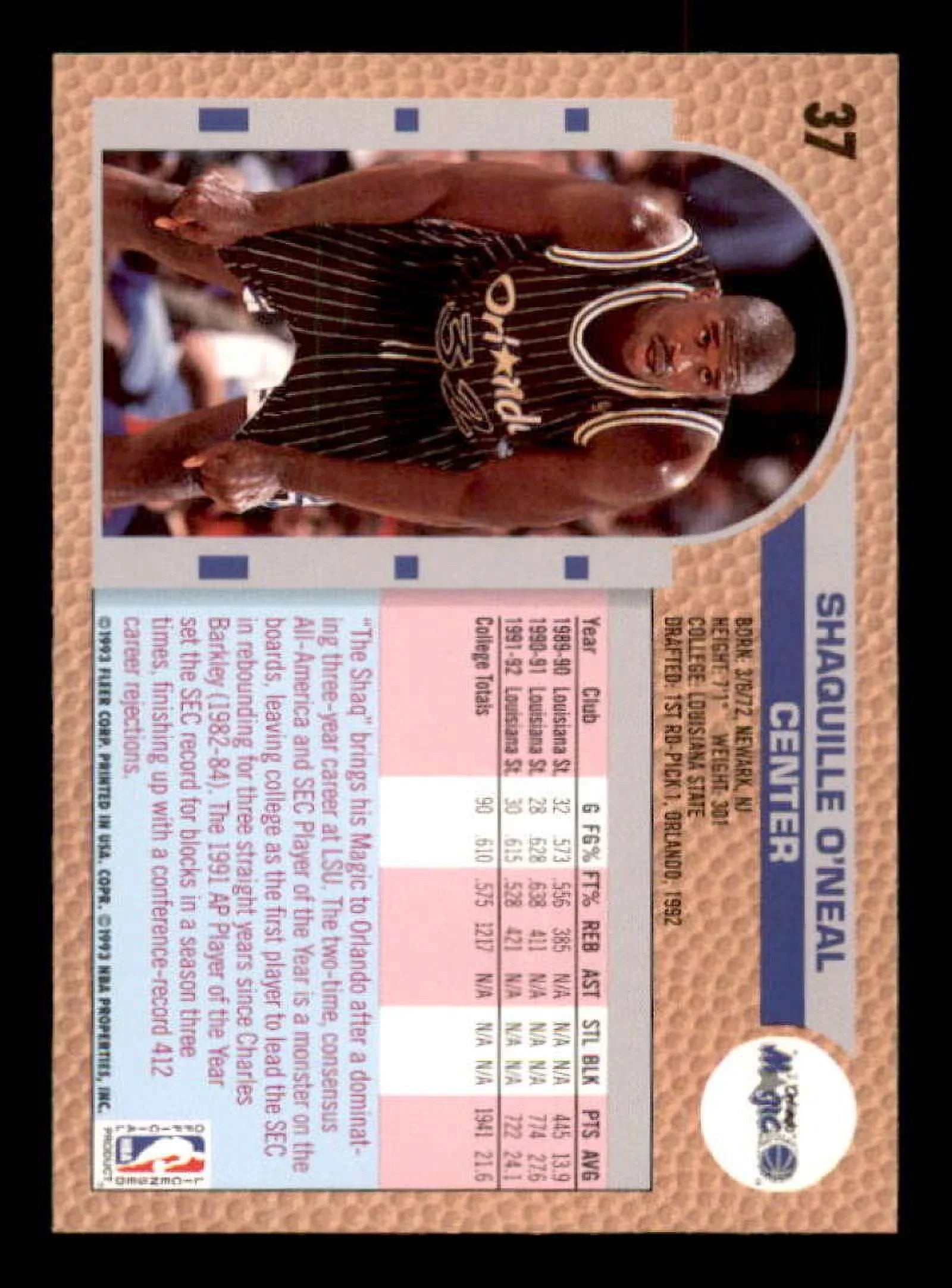 Shaquille O'Neal Rookie Card 1992-93 Fleer Drake's #37 - Exclusive Design