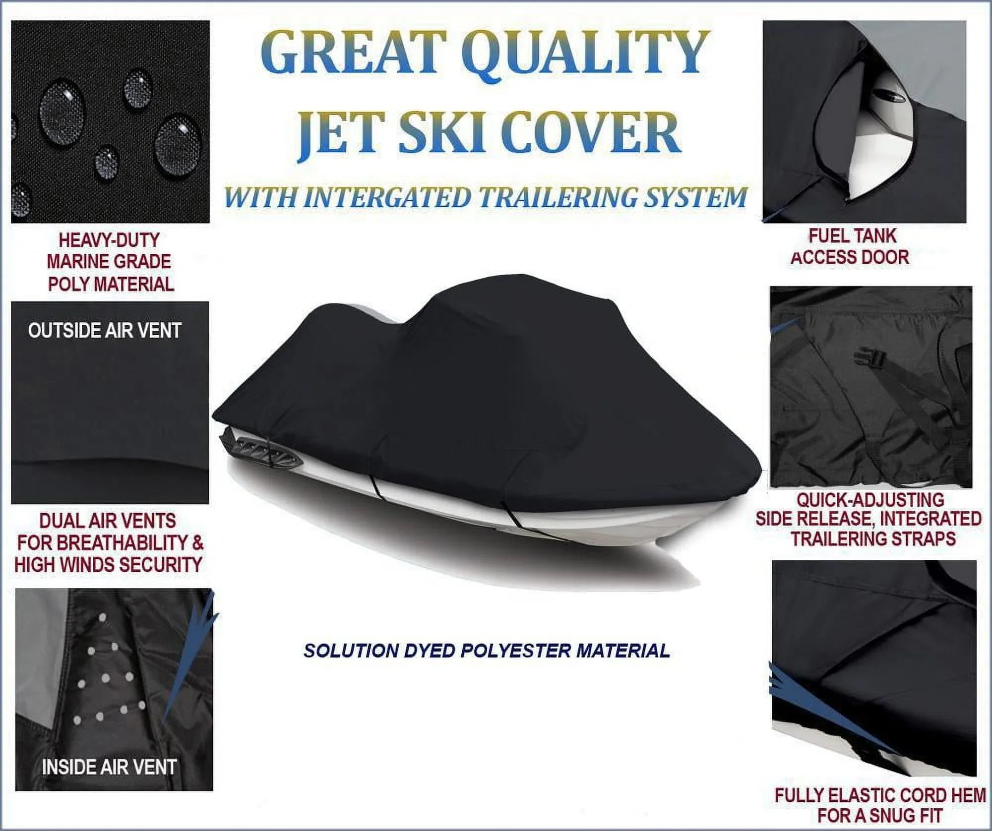BLACK PWC 600D JET SKI Cover Compatible for Kawasaki ZXi 1100 / JH1100 1996 1997 1998 1999 2000 2001 2002 2003 2 Seater
