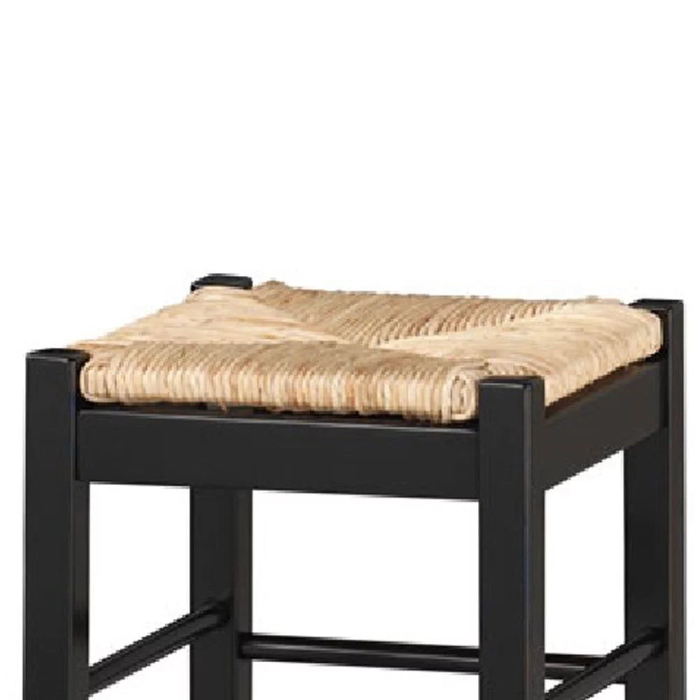 Stylish Rush Woven Wooden Frame Barstool with Saber Legs, Beige and Black- Saltoro Sherpi