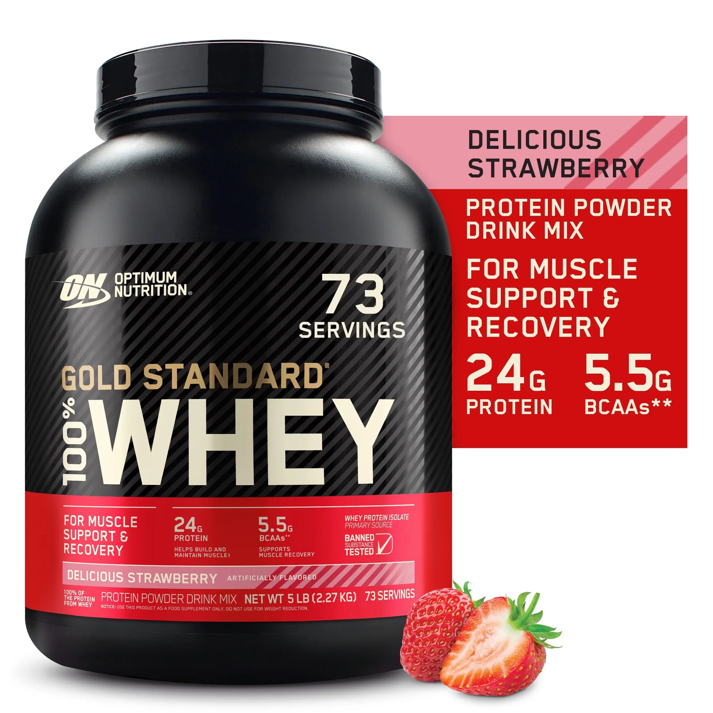 Optimum Nutrition, Gold Standard 100% Whey Protein Powder, Delicious Strawberry, 5 lb, 73 Servings - Exclusive Design
