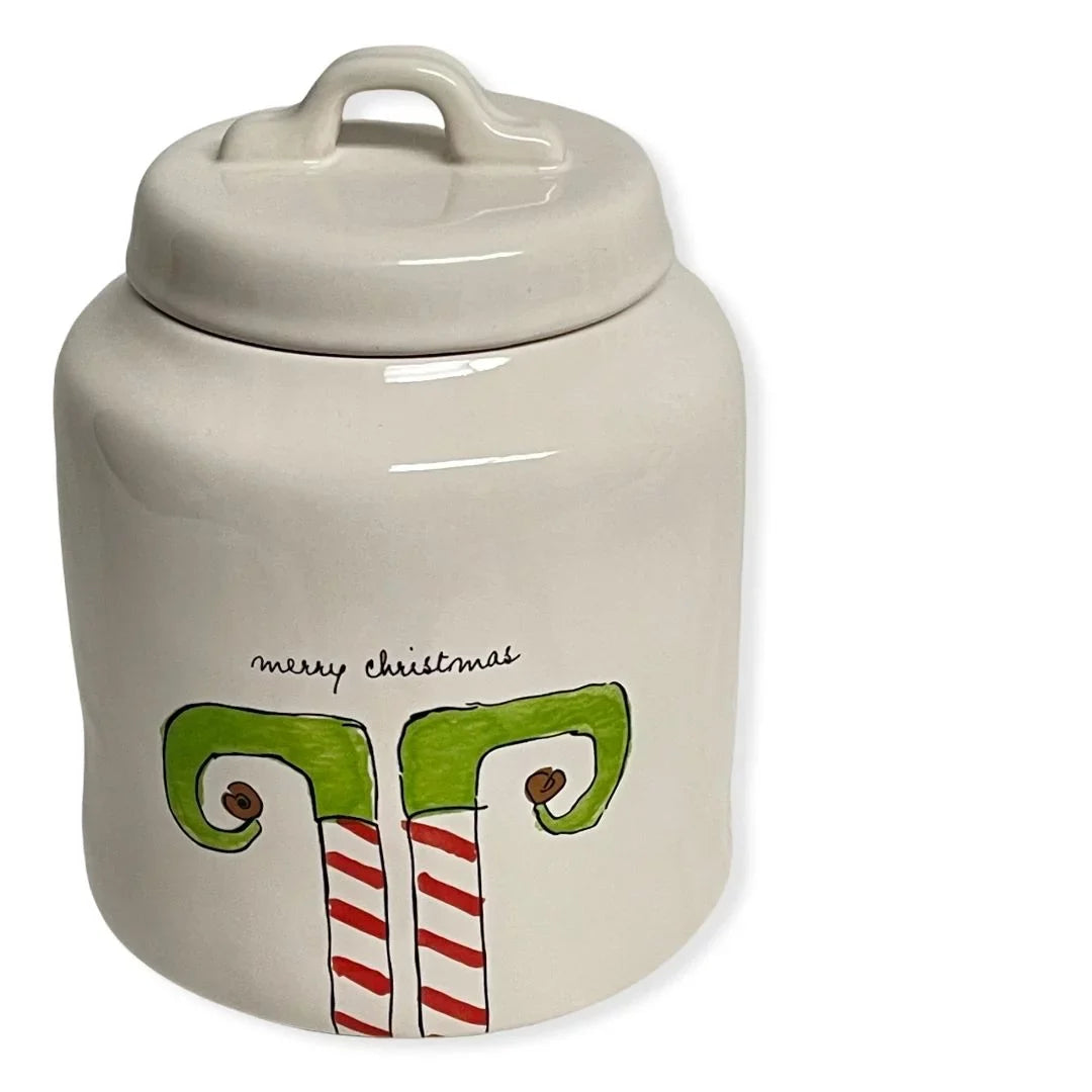 Rae Dunn MERRY CHRISTMAS ELF White Ceramic LL Canister With Black Letters - Exclusive Design